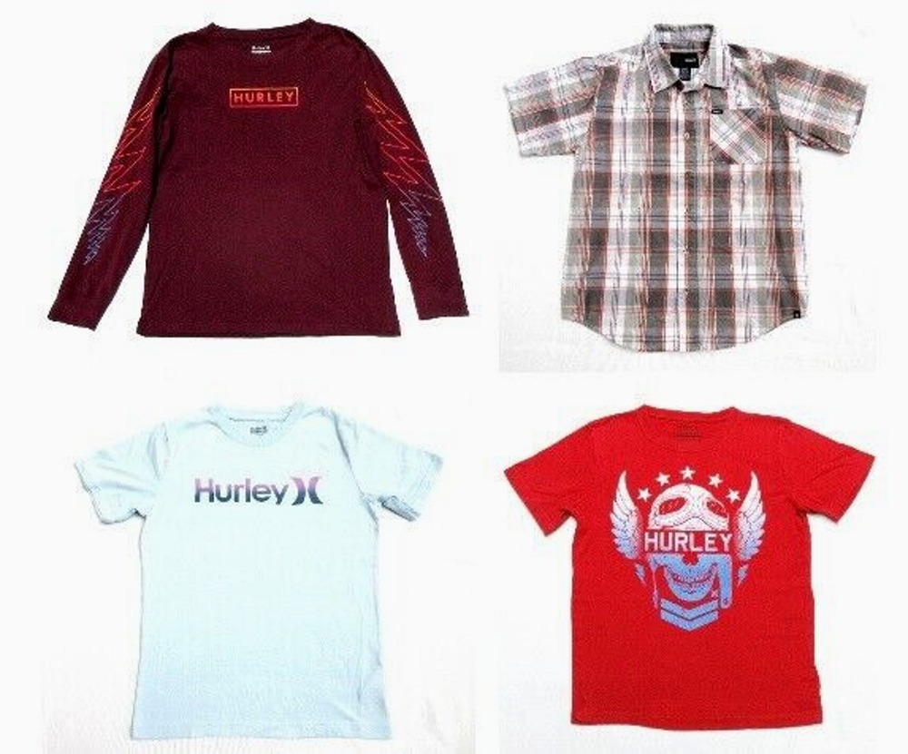 Lot of 4 Youth Boys Kids Large HURLEY Shirts: Plaid Buttondown & Longsleeve Tee
